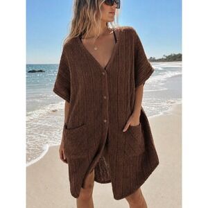 Herbcraft Vintage Short Sleeve Cardigan‎ Womens XL Brown Ribbed Chenille Texture